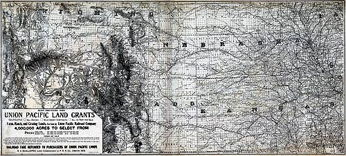 Map illustrating federal land grants allocated to Union Pacific and other railroads, with color-coded sections along the railroad routes across the western United States.