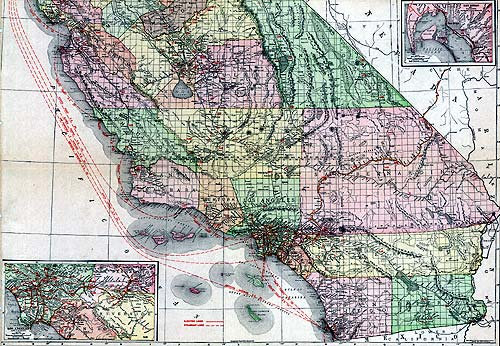 Historic map of the Los Angeles region showing Union Pacific rail lines, property divisions, and infrastructure details within the city and surrounding area.