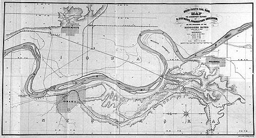 Map of Omaha, Nebraska from 1866, showing early Union Pacific rail facilities, street grid layout, and urban development near the Missouri River.