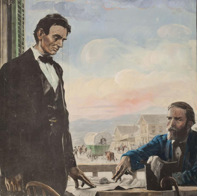Historic painting of President Abraham Lincoln meeting with Grenville Dodge, a Union Pacific engineer, in a formal room with a map in the background and other officials observing the discussion.