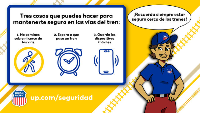Imagen de Connie la Conductora ofreciendo algunos consejos: no camines sobre ni cerca de las vías, espera a que pase un tren y guarda los dispositivos móviles.
