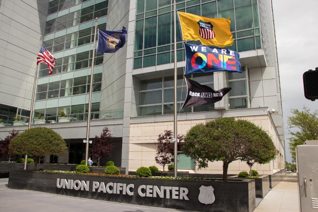 The We Are One flag and Black Lives Matter pennant are flying this week at Union Pacific Center in Omaha.