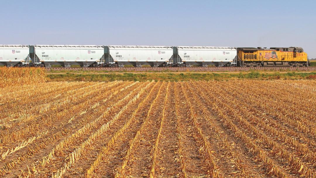Union Pacific train rolls past corn field in Nebraska | LR