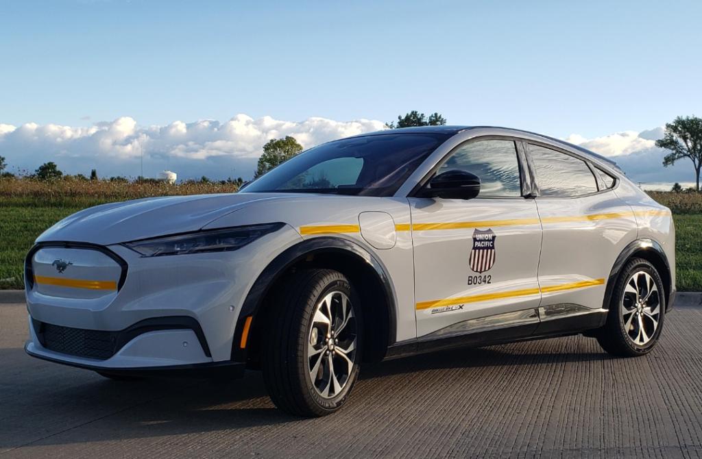 A new Ford Mustang Mach-E, part of Union Pacific's EV fleet