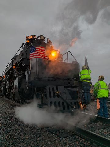 No. 4014 locomotive and crew at night