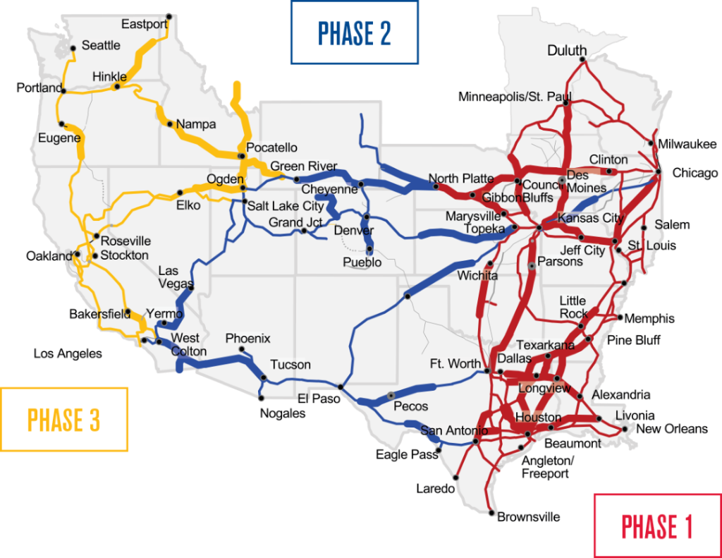 Phases of Precision Scheduled Railroading switch over route map.