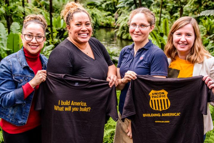 From left, Sarai Graza, program officer, LISC Chicago; Claire Anderson, manager-Track Construction, Union Pacific; Lisa Welling, director-Track Maintenance, Union Pacific; and Emily Doherty, senior director, JARC Programs, pose for a photo following a women’s networing event at JARC.