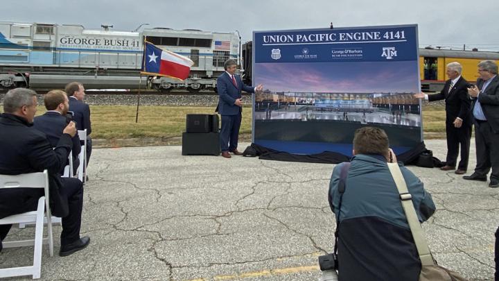 A rendering shows the permanent display where UP No. 4141 will greet visitors at the George H.W. Bush Presidential Center.