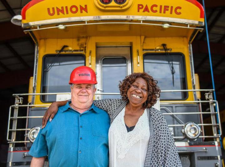 Bruce Rice, left, and Alma Hill visit Heritage Park in Council Bluffs, Iowa.