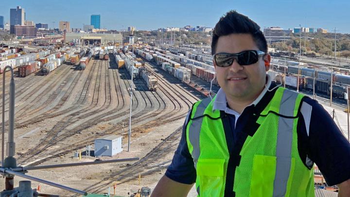 Gonzalo Vasquez III, senior manager-Train Operations, in the tower overlooking Davidson Yard in Fort Worth, Texas.