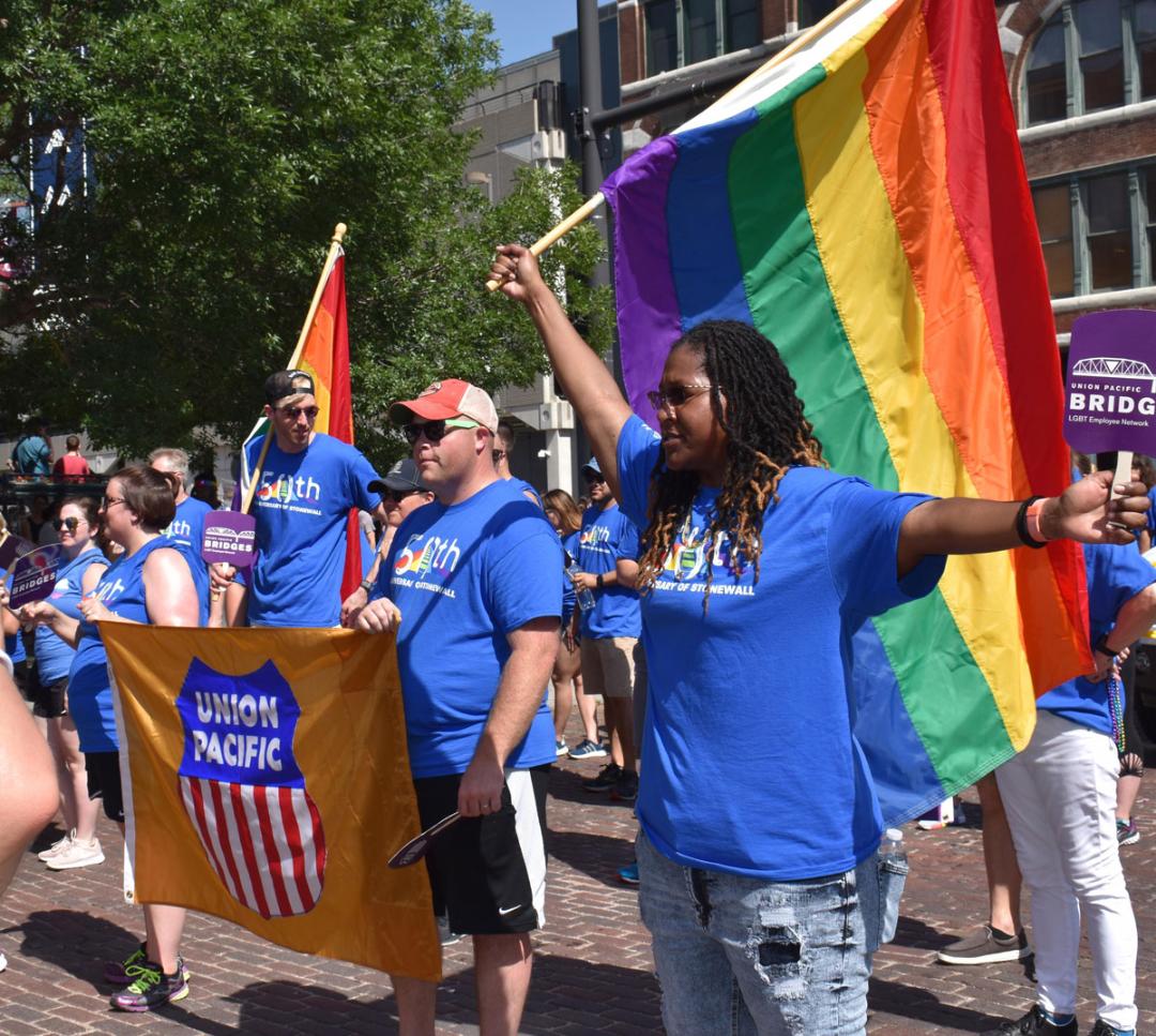 Employees from Union Pacific’s LGBT Employee Resource Group, BRIDGES, participate in Omaha’s Pride Parade. A rainbow flag was flown at Union Pacific Center to mark the weekend.
