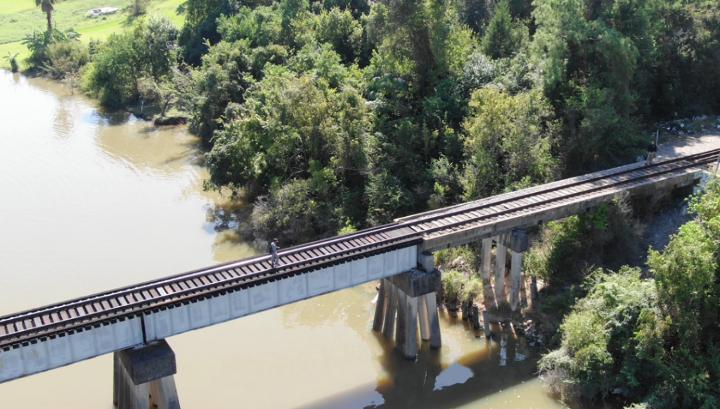 Special agents use a drone to speak with a trespasser on the San Jacinto River Bridge in Channelview, Texas.