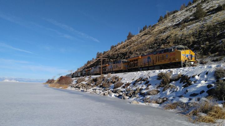 A Union Pacific train carries mixed freight through this winter wonderland in Klamath Falls, Oregon.