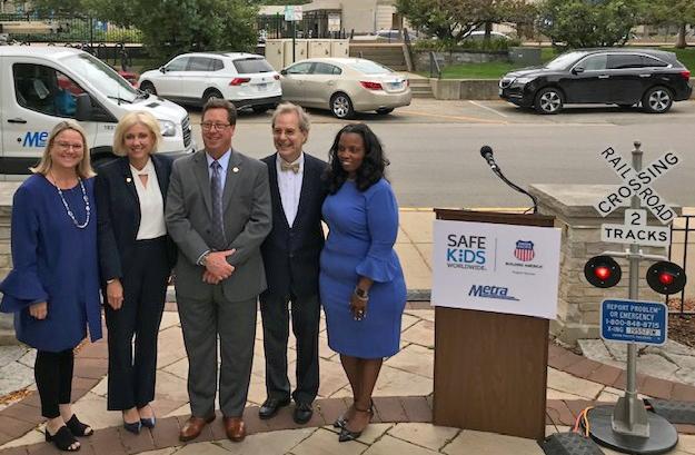 From left, Liisa Stark, assistant vice president-Public Affairs, Union Pacific; Jennifer Homendy, National Transportation Safety Board member; Bruce Marcheschi,chief operating officer, Metra; Dr. Lanny Wilson, DuPage Railroad Safety Council; and Torine Creppy, president, Safe Kids Worldwide, share important safety messages at a news conference