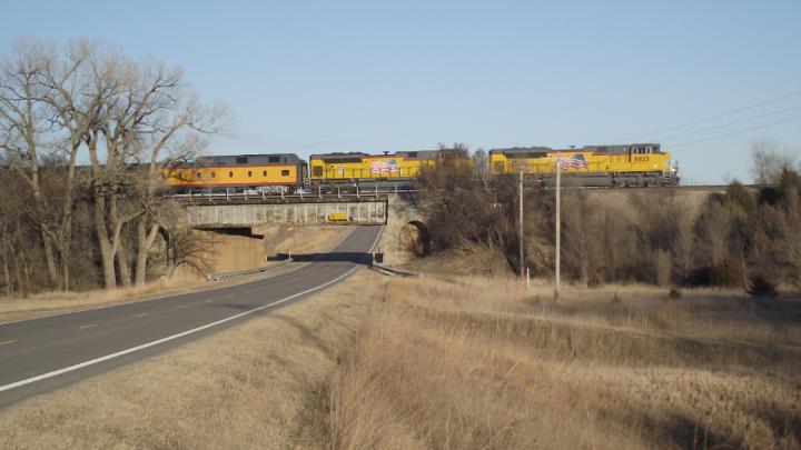 UP train goes over underpass | M