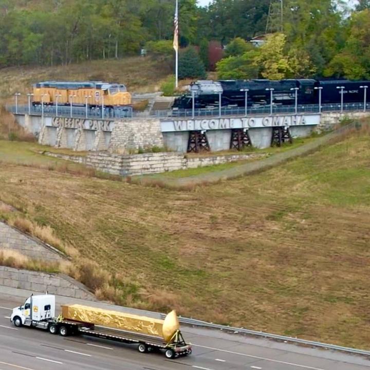 The Golden Spike Monument passes by Omaha's Kenefick Park. | MR