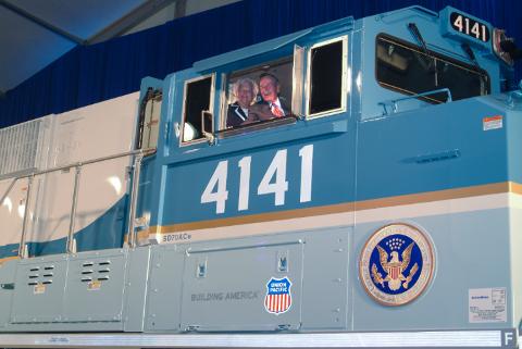 Small | George and Barbara Bush in the cab of UP Locomotive No. 4141