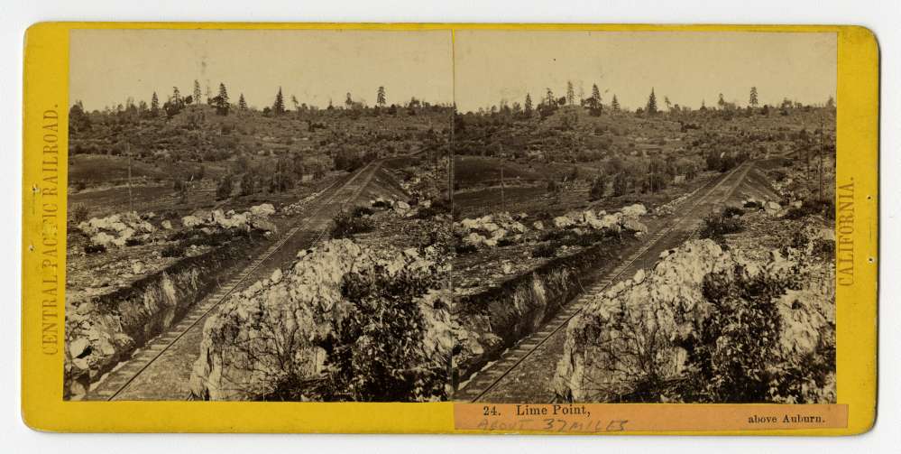 A stereo card of the tracks through Lime Point above Auburn, CA