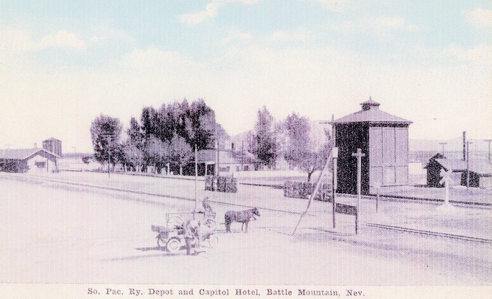 An 1870s image of the Southern Pacific Railroad Depot and Capitol Hotel, Battle Mountain, Nevada