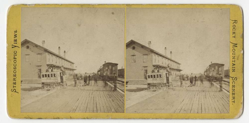 A stereo card of views of Rocky Mountain scenery near Cheyenne, WY