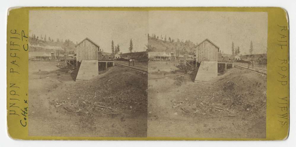 A stereo card showing the Central Pacific's Colfax Station in California