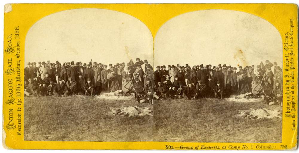 A stereo card showing the first campsite in Columbus, Nebraska