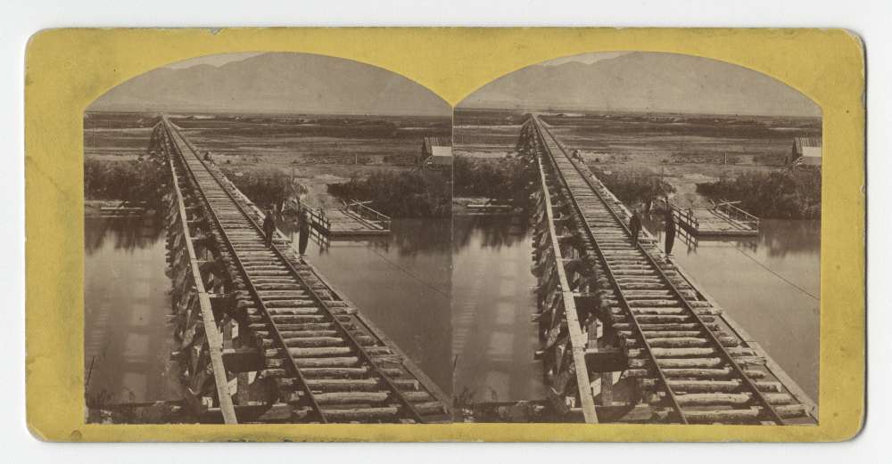 A stereo card of Bear River bridge, Corrine, Utah, c 1869