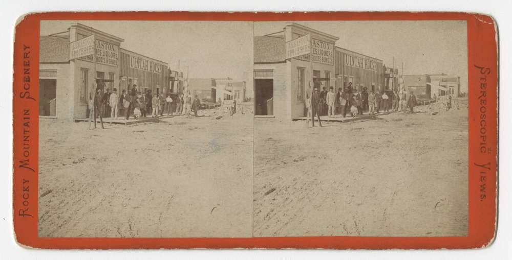 A stereo card showing people in front of Uintah Hotel in Corinne, Utah