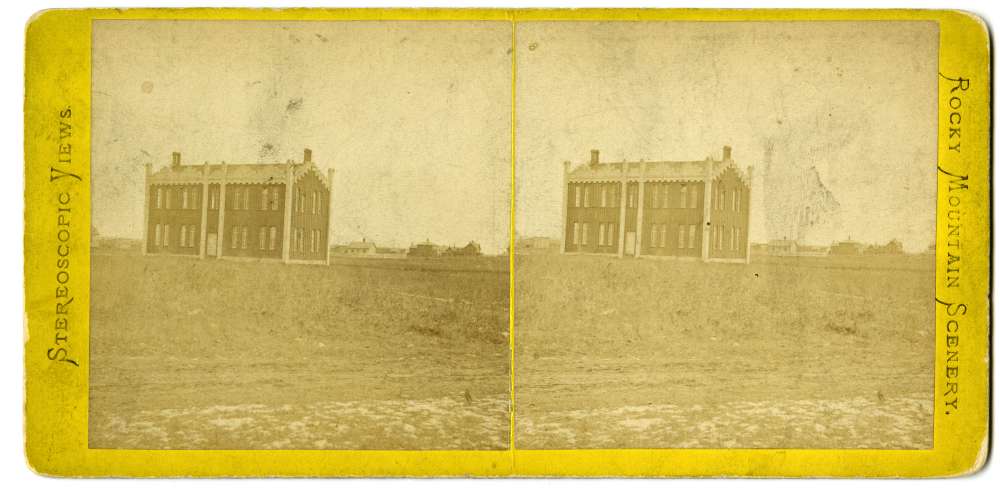 A stereo card showing a seminary in Fremont, Nebraska