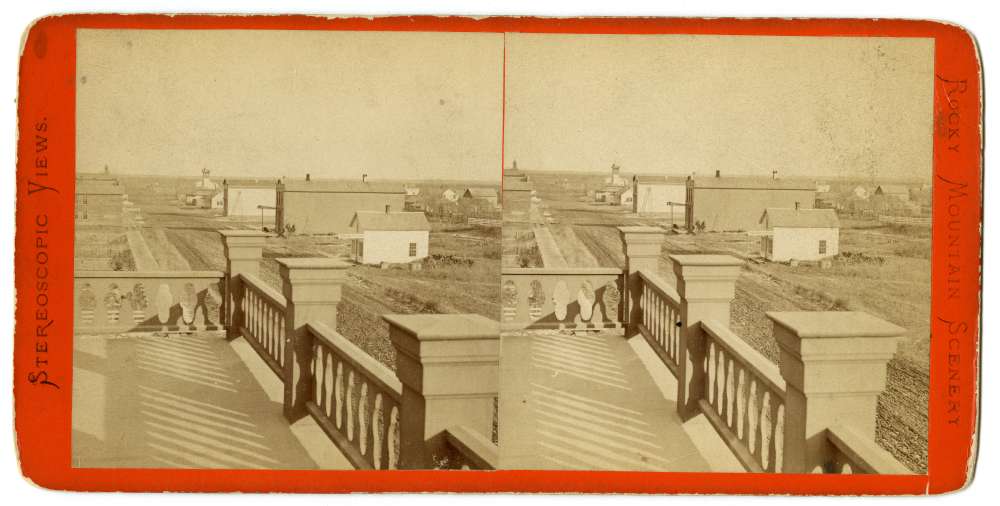 A stereo card showing Fremont from a Verandah of a Hotel in Fremont, Nebraska