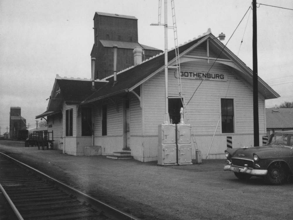 Photograph of a train station in Gothenburg, Nebraska, c1950