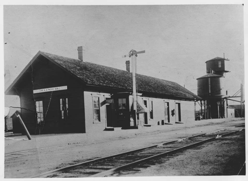 Photograph of a train station in Julesburg, Colorado, taken in 1885