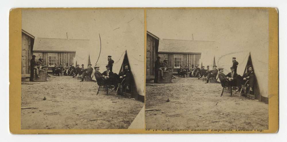 A stereo card showing the railroad employees' headquarters located in Laramie, Wyoming