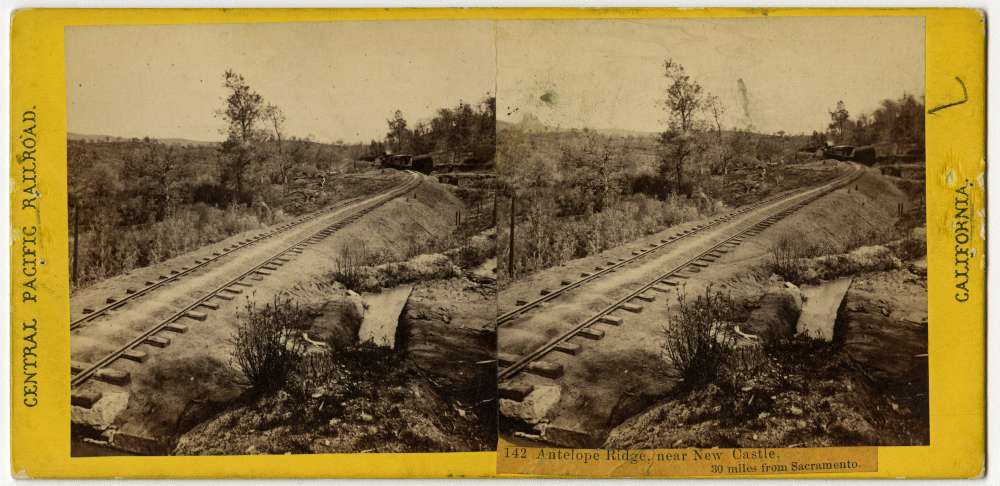 A stereo card showing a locomotive at Antelope Ridge near Newcastle, California