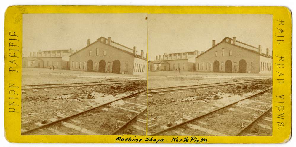 A stereo card showing machine shops in North Platte, Nebraska