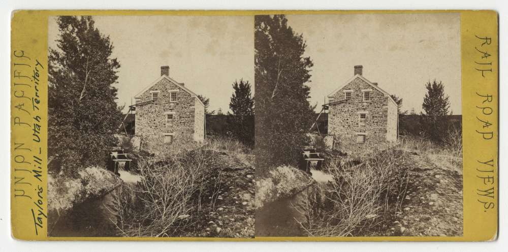 A stereo card showing Taylor's Mill in Ogden, Utah