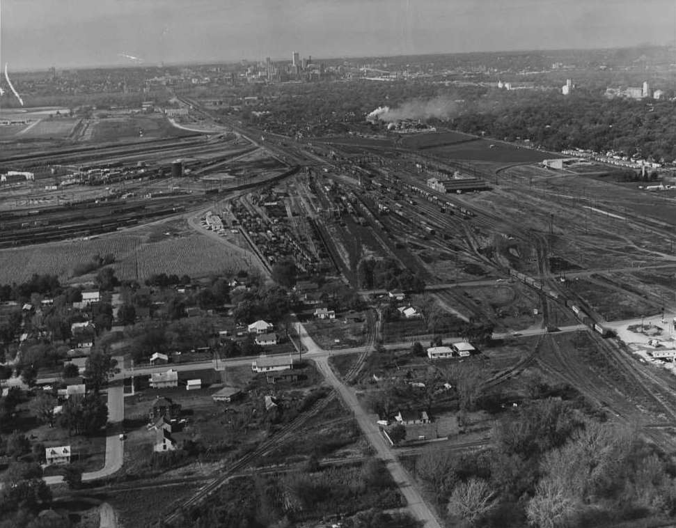 Aerial view of the Council Bluffs, Iowa, yard looking west to Omaha