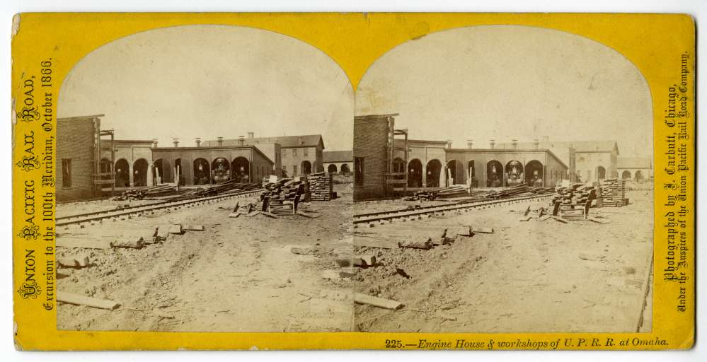 1866 stereo card of an engine house and workshops in Omaha