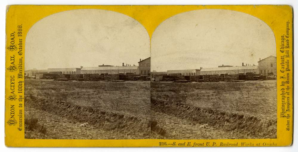 1866 stereo card of the Union Pacific works in Omaha
