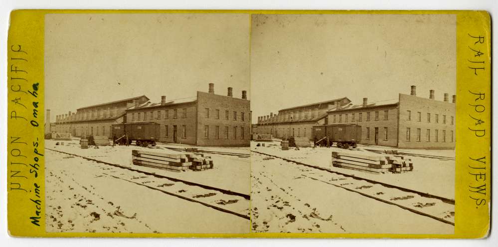 1869 stereo card of machine shops in Omaha