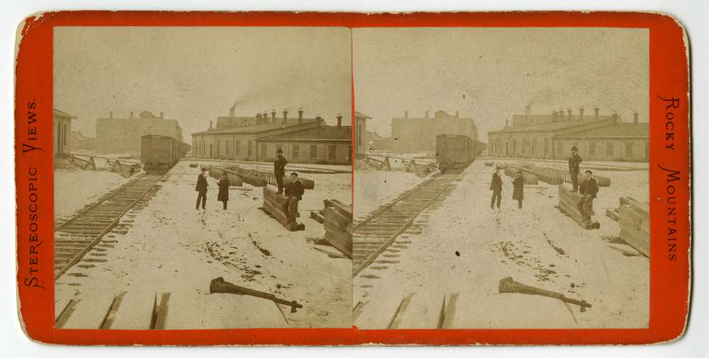 1869 stereo card of machine shops in Omaha