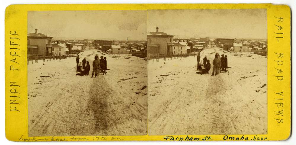 1866 stereo card of Farnham Street in Omaha