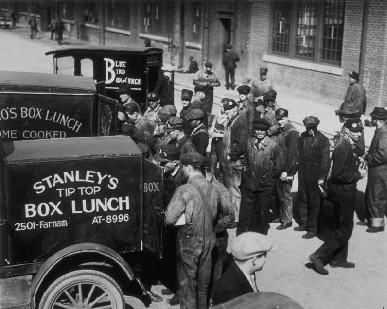 Union Pacific employees line up for box lunches