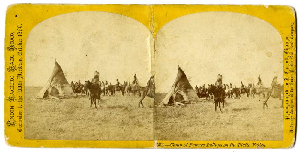 A stereocard showing a camp of Pawnee Indians on the Platte Valley