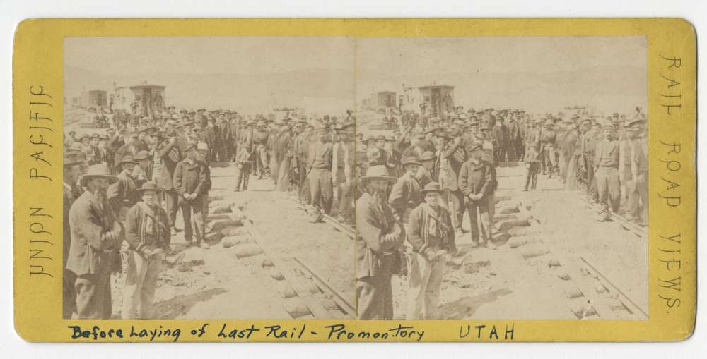 A stero card showing the scene before laying of the last rail in Promontory