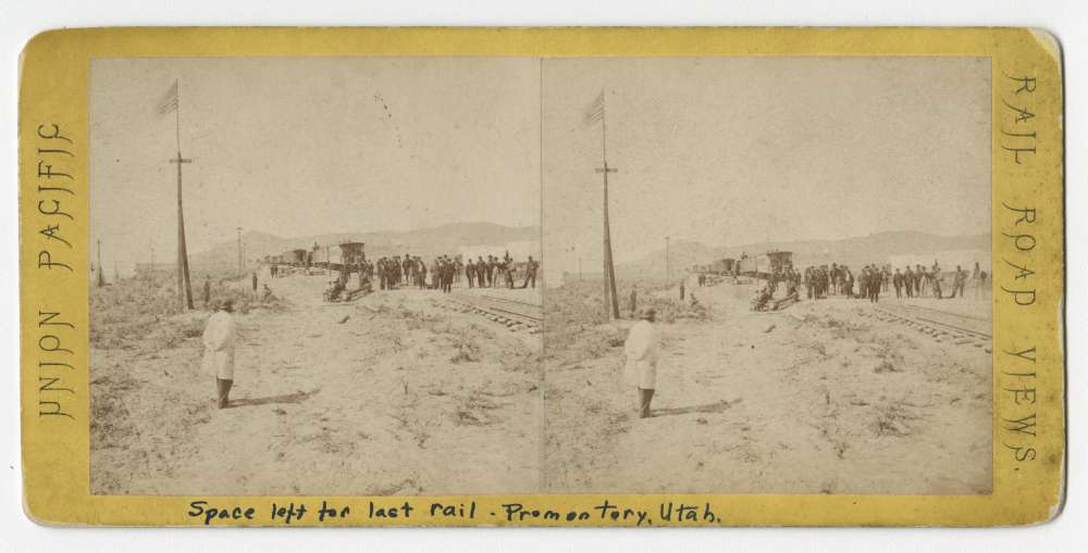 A stereo card showing the space left for the last rail connecting the link between the Union Pacific and the Central Pacific railroads