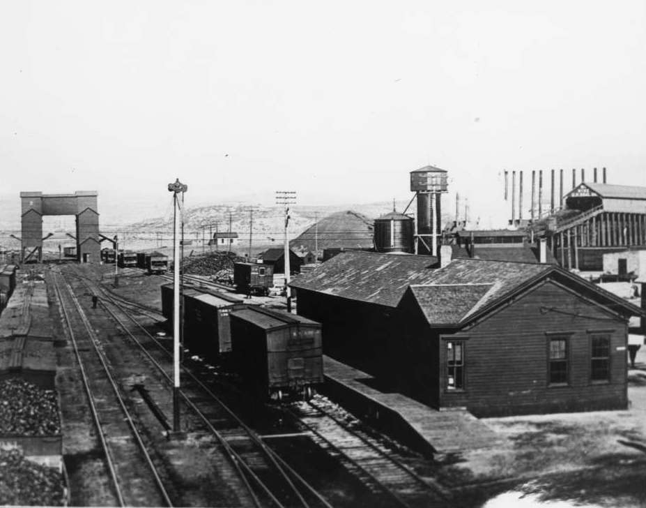 Back and side view of the freight depot in Rock Springs, Wyoming