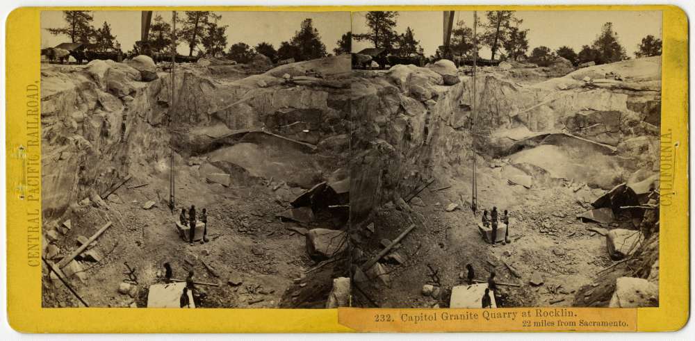 A stereo card showing men moving granite at the Capitol Granite Quarry at Rocklin, California