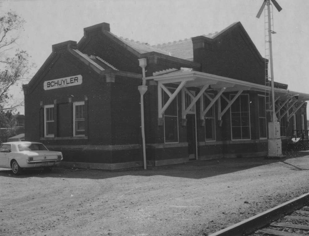 Photograph of a train station in Schuyler, Nebraska