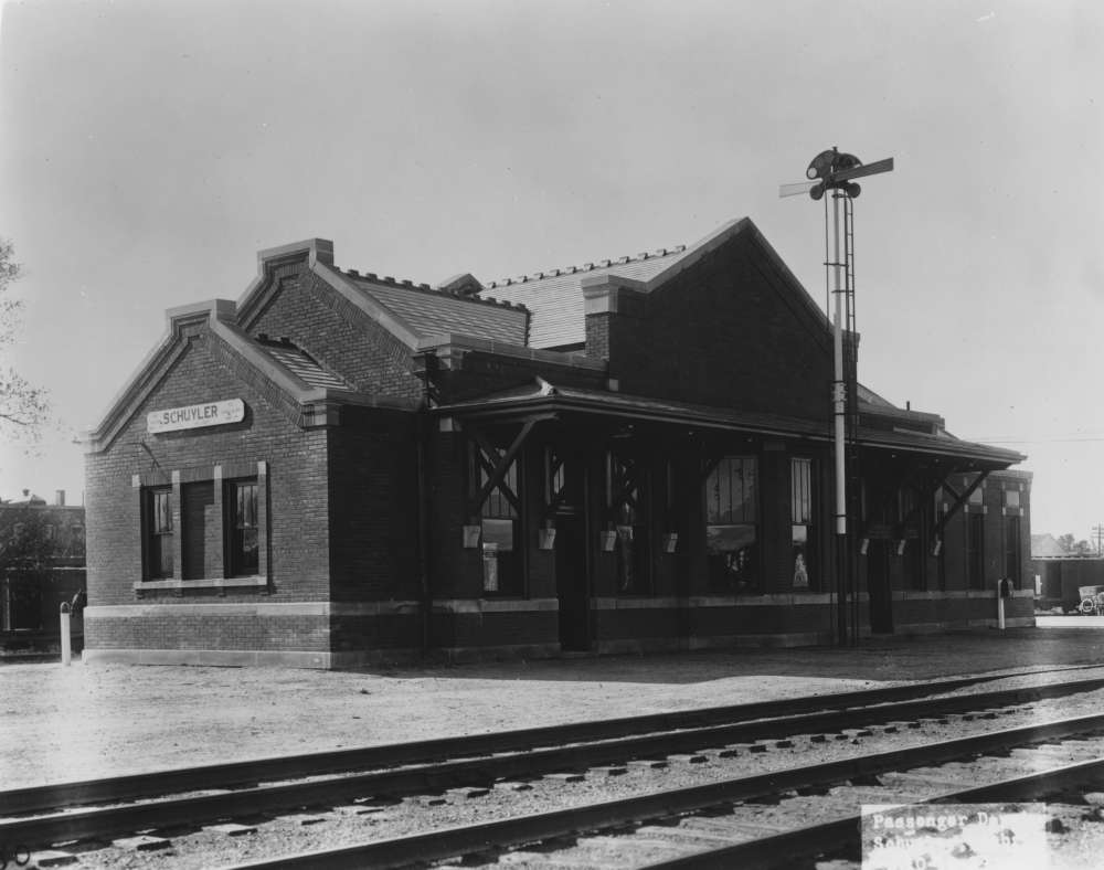 Photograph of a passenger depot in Schuyler, Nebraska